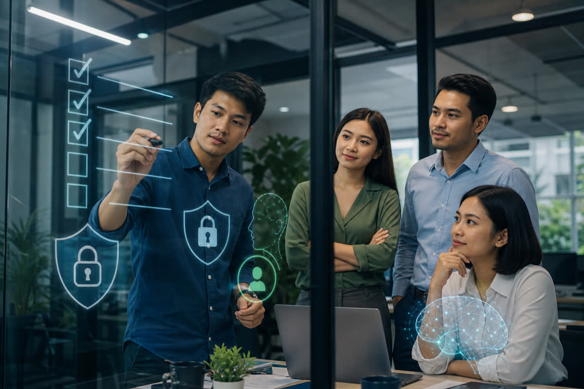 Small business team reviewing responsible AI safeguards and human approval rules