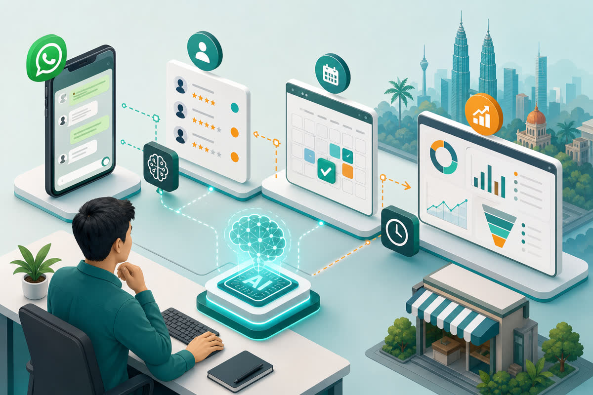 AI workflow connecting customer messages, lead qualification, booking and sales tracking